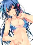  :p bikini_top blue_hair blush bottomless breasts cleavage hair_ribbon large_breasts long_hair navel orange_eyes original refeia ribbon simple_background solo tongue tongue_out very_long_hair wet 