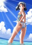  adjusting_clothes adjusting_swimsuit ass bad_anatomy black_hair brown_eyes competition_swimsuit fat_mons hairband highres kneepits legs light_rays masamurai one-piece_swimsuit original see-through short_hair solo sunbeam sunlight swimsuit wading water wet 