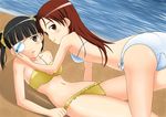  alternate_hairstyle beach beat_(new_black_sun) bikini black_hair brown_eyes brown_hair day eyepatch hand_on_another's_cheek hand_on_another's_face long_hair minna-dietlinde_wilcke multiple_girls navel sakamoto_mio short_hair side-tie_bikini strike_witches swimsuit twintails world_witches_series yellow_eyes yuri 