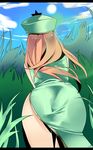  all_fours ass back bad_id bad_pixiv_id china_dress chinese_clothes dress from_behind grass hat highres hong_meiling lens_flare long_hair red_hair shinoi side_slit solo touhou 