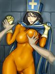  against_wall black_hair bodysuit breast_grab breasts cape cross dragon_quest dragon_quest_iii gloves grabbing kaeru large_breasts mitre orange_bodysuit priest_(dq3) skin_tight solo_focus tabard wince 