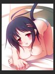  ahoge bed black_hair breasts cleavage fang hair_ornament hairclip masaki_(machisora) medium_breasts original panties red_eyes solo striped striped_panties tail topless underwear underwear_only 