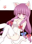  animal_ears bare_shoulders blush bow breast_slip breasts cat_ears cat_tail hair_bow kemonomimi_mode large_breasts long_hair nipples one-piece_swimsuit one_breast_out patchouli_knowledge purple_eyes purple_hair ry school_swimsuit simple_background solo swimsuit tail thighhighs touhou white_hair white_school_swimsuit white_swimsuit 