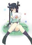  bad_id bad_pixiv_id black_hair blue_eyes blush long_hair one_eye_closed ookami-san panties pantyshot pantyshot_(sitting) pillow pillow_hug ryuuguu_otohime school_uniform sitting skirt socks solo striped striped_panties sunyukun twintails underwear urashima_tarou_(ookami-san) water 