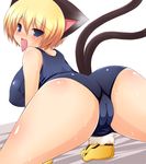  animal_ears animal_print ass blonde_hair blue_eyes blush breasts cat_ears cat_tail fat_mons gloves large_breasts looking_back mimisuke_(mim'im) multiple_tails one-piece_swimsuit open_mouth original paw_gloves paws school_swimsuit solo sweat swimsuit tail tiger_print tongue 