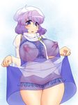  apron blush bra breastless_clothes breasts covered_nipples cupless_bra curvy frilled_bra frilled_panties frills hat highres large_breasts letty_whiterock lingerie lute_(apocalypselibrary) nipples panties plump purple_eyes purple_hair see-through short_hair skirt skirt_lift solo thigh_gap thighs touhou underboob underwear 
