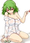  bare_shoulders barefoot blush bottomless breasts cleavage green_hair he_(eve) kazami_yuuka large_breasts naked_shirt off_shoulder panties penis red_eyes seiza shirt short_hair sitting solo striped striped_panties sweat touhou underwear wet wet_clothes wet_shirt white_shirt 