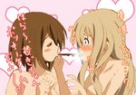  =_= bad_moon blonde_hair blue_eyes blush blush_stickers breath brown_hair food hair_ornament hairclip hirasawa_yui k-on! kotobuki_tsumugi long_hair mouth_hold multiple_girls pocky pocky_kiss shared_food translated yuri 