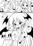  bat_wings blush breasts greyscale hat head_wings highres huge_breasts image_sample koakuma long_hair monochrome multiple_girls nipples patchouli_knowledge pixiv_sample pointy_ears touhou translated wings yuki_hime_haruka 