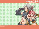 .hack//g.u. .hack//link .hack//roots 1boy 1girl antenna_hair artist_request blush haseo_(.hack//) highres midriff official_art red_hair wallpaper white_hair yowkow_(.hack//) 