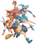  3girls boots breasts broom cleavage detached_sleeves flyff gloves hat legs magician matsubara_hidenori medium_breasts multiple_girls ponytail shield short_hair shorts simple_background sword wand weapon witch_hat 