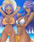  abs armpits ball bare_shoulders beach beachball bikini breast_hold breasts cleavage curvy dark_skin day dragon_quest dragon_quest_iv front-tie_top highres huge_breasts long_hair mahito manya midriff minea multiple_girls muscle navel ocean orange_bikini outdoors pelvic_curtain purple_hair red_eyes siblings swimsuit thighs toned twins water wide_hips 
