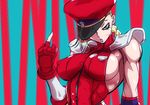  alternate_color alternate_costume blonde_hair blue_eyes braid breasts cammy_white cosplay elbow_gloves fingerless_gloves gloves hat impossible_clothes impossible_shirt large_breasts leotard middle_finger muscle red_leotard scar shirt shoulder_pads sideboob skin_tight solo street_fighter street_fighter_iv_(series) turtleneck vega vega_(cosplay) zangif 