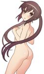  :o ass blush brown_eyes brown_hair flat_chest from_behind highres hijiri_rei k-on! looking_at_viewer looking_back nakano_azusa nude open_mouth simple_background solo twintails white_background 