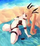  arm_garter arm_support bad_id bad_pixiv_id barefoot beach blazblue blonde_hair bow choker day hair_bow highres leaning_back long_hair nail_polish navel onsen_nakaya rachel_alucard red_eyes red_nails solo swimsuit twintails 