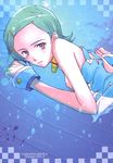  aqua_hair blush breasts bubble checkered collar dress dress_lift eureka eureka_seven eureka_seven_(series) fish flat_chest hair_ornament hairclip highres looking_back medium_breasts nipples no_bra pink_eyes scan short_hair solo sugiyama_genshou underwater water wrist_cuffs 