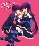  1girl bow dual_persona genderswap genderswap_(ftm) green_eyes highres mugi_(twinbox) nail_polish panty_&amp;_stocking_with_garterbelt purple_nails stocking_(psg) striped striped_legwear thighhighs 