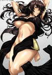  arms_up barefoot blush brown_hair dark_lord_(game) isse long_hair lying navel on_back red_eyes solo 