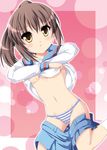  brown_eyes brown_hair genderswap genderswap_(mtf) k_hiro kita_high_school_uniform kyonko long_hair no_bra panties ponytail school_uniform serafuku solo striped striped_panties suzumiya_haruhi_no_yuuutsu underwear undressing 