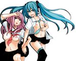  azuma_sawayoshi breasts hatsune_miku highres large_breasts long_hair megurine_luka multiple_girls navel necktie nipples open_clothes open_mouth open_shirt panties school_uniform serafuku shirt simple_background skirt smile striped striped_panties thighhighs twintails underwear vocaloid 