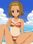  bad_id bad_pixiv_id beach bikini brown_eyes brown_hair cloud day hairband hentai_(1985) k-on! looking_at_viewer ocean one-piece_tan open_mouth outdoors round_teeth short_hair sitting sky solo spread_legs striped striped_bikini swimsuit tainaka_ritsu tan tanline teeth v yellow_hairband 