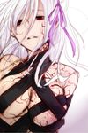  breasts cleavage dark_persona dark_sakura eyelashes fate/stay_night fate_(series) hair_ribbon large_breasts long_hair matou_sakura red_eyes ribbon solo warakusa white_hair 