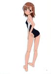  absurdres adjusting_clothes adjusting_swimsuit bikini blush competition_swimsuit full_body hair_ornament hairpin highres kneepits looking_back misaka_mikoto official_art one-piece_swimsuit pout simple_background solo standing swimsuit to_aru_kagaku_no_railgun to_aru_majutsu_no_index 