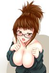  akizuki_ritsuko blush breast_squeeze breasts brown_eyes brown_hair cleavage folded_ponytail glasses idolmaster idolmaster_(classic) idolmaster_2 image_sample large_breasts open_clothes open_shirt oyu-san pixiv_sample shirt solo undressing 