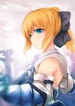  armor artoria_pendragon_(all) bad_id bad_pixiv_id bare_shoulders blonde_hair bow fate/stay_night fate/unlimited_codes fate_(series) green_eyes hair_bow saber saber_lily solo to_aru_awl 