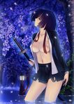  bad_id bad_pixiv_id black_hair bob_cut breasts caidychen cherry_blossoms closed_eyes cowboy_shot durarara!! eyewear_removed flower glasses highres large_breasts legs necktie open_clothes open_shirt petals pleated_skirt shirt short_hair skirt solo sonohara_anri sword thighs torn_clothes torn_skirt tree wading water weapon 