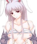  animal_ears bare_shoulders bra breasts bunny_ears large_breasts lingerie long_hair nervous nipples off_shoulder open_clothes open_shirt purple_hair red_eyes reisen_udongein_inaba shirt solo ten_ryuu_sadaaki touhou underwear white_bra 