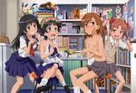  absurdres ahoge bandages bandaid black_hair blue_eyes bow breasts brown_eyes brown_hair cleavage covering covering_breasts flower hair_bow hair_ornament head_wreath highres long_hair medium_breasts misaka_mikoto multiple_girls non-web_source official_art open_mouth sakugawa_school_uniform saten_ruiko school_uniform serafuku shirai_kuroko shirt short_hair skirt socks to_aru_kagaku_no_railgun to_aru_majutsu_no_index tokiwadai_school_uniform topless twintails uiharu_kazari undressing 