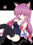  animal_ears bare_shoulders black_legwear bow breast_slip breasts cat_ears cat_tail hair_bow kemonomimi_mode long_hair medium_breasts nipples one-piece_swimsuit one_breast_out patchouli_knowledge purple_eyes purple_hair ry school_swimsuit simple_background solo swimsuit tail thighhighs touhou 
