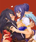  1girl black_hair blue_hair blush breast_press breasts couple elf food heart hetero judith large_breasts long_hair midriff pocky pocky_kiss pointy_ears purple_eyes red_background red_eyes shared_food sharing suwe tales_of_(series) tales_of_vesperia yuri_lowell 