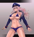  bangs bikini_top blue_eyes breasts choker collarbone covered_nipples giovanni_(denjikun) groin hat hips large_breasts long_hair looking_at_viewer macross macross_frontier midriff navel pink_hair sheryl_nome shiny shiny_skin shorts solo standing 