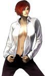  blue_eyes breasts large_breasts lips mature navel no_bra nose open_clothes open_shirt pants red_hair shirt short_hair solo steward_b the_king_of_fighters vanessa_(king_of_fighters) 