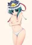  bad_id bad_pixiv_id blush breasts cameltoe green_eyes green_hair hat highres nase nipples panties shiki_eiki short_hair small_breasts solo tears topless touhou underwear underwear_only 