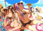  animal_print bell bikini blue_eyes breasts cat cleavage cow_bell cow_print dark_skin flat_chest hat medium_breasts multiple_girls ocean one_eye_closed original purple_hair sunglasses swimsuit symbol-shaped_pupils utu yakisoba 