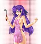  apron blush breasts ginga_nakajima green_eyes highres ladle long_hair lyrical_nanoha mahou_shoujo_lyrical_nanoha_strikers medium_breasts mottio naked_apron open_mouth purple_hair sideboob surprised 