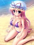  beach bikini blonde_hair breasts cleavage day front-tie_top gradient_hair highres image_sample large_breasts light_rays multicolored_hair pixiv_sample purple_eyes sitting solo sunbeam sunlight swimsuit takeponi touhou yakumo_yukari 