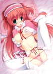  :p absurdres breasts copyright_request feet frilled_pillow frills gloves highres medium_breasts panties pillow red_hair solo thighhighs tongue tongue_out underwear yuki_usagi 