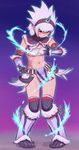  abs belt boots breast_grab breasts elbow_gloves gloves grabbing hairband highres horn kirin_(armor) loincloth medium_breasts midriff monster_hunter no_panties red_eyes solo tarayama thighhighs white_hair 