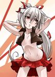  armpits arms_behind_head bow flat_chest fujiwara_no_mokou hair_bow highres long_hair navel no_bra open_clothes open_shirt phenne red_eyes shirt silver_hair skirt solo touhou vest 