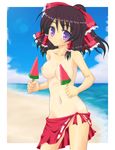  beach bow breasts brown_hair cloud cowboy_shot day food frame hair_bow hair_tubes hakurei_reimu head_tilt highres lens_flare looking_at_viewer lowleg md5_mismatch medium_breasts navel nipples no_panties noveske_n4 ocean one-piece_tan outdoors popsicle purple_eyes pussy_peek red_sarong sarong short_hair sky smile solo standing tan tanline topless touhou watermelon_bar 