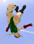  beret blonde_hair blue_eyes boots braid cammy_white f3 fingerless_gloves gloves green_leotard hat highres legs leotard long_hair solo street_fighter twin_braids upside-down 