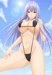  bikini black_bikini breasts day groin large_breasts lavender_hair lens_flare long_hair navel red_eyes selvaria_bles senjou_no_valkyria shuugetsu_karasu sky slingshot_swimsuit solo swimsuit 