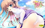  aqua_eyes ass asuka_mirai brown_hair hair_ribbon highres long_hair mikeou nanairo_kouro open_mouth panties pleated_skirt ribbon school_uniform skirt solo underwear wallpaper wet wet_clothes white_panties 