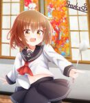  brown_hair fang hair_ornament hairclip highres holding holding_ladle ikazuchi_(kancolle) ladle long_sleeves miniskirt navel neckerchief pointing red_neckerchief school_uniform serafuku shirt short_hair skirt thighhighs user_snjf5573 white_shirt yellow_eyes 