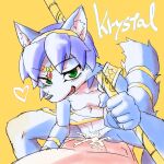  1:1 2022 anthro blue_body blue_ears blue_fur blue_hair blue_tail bodily_fluids bottomwear bottomwear_aside breasts canid canine character_name clothed clothing clothing_aside cum duo female female_focus fox fur genital_fluids genitals green_eyes hair hi_res holding_object jimnydaisuki krystal krystal&#039;s_staff loincloth loincloth_aside male male/female mammal nintendo nipples partially_clothed pussy red_tongue solo_focus star_fox straddling teeth tongue video_games 