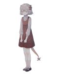  1girl absurdres aged_down arknights black_footwear clutching_clothes crying crying_with_eyes_open dress female_child grey_hair highres horns kneehighs looking_down red_dress saria_(arknights) shoes short_hair simple_background socks solo standing tail tears white_background xiling654 